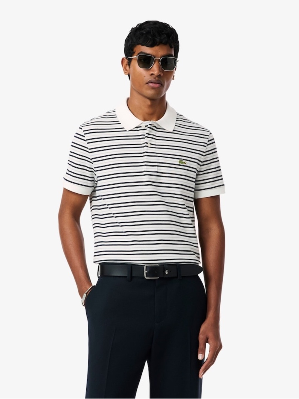 Lacoste White & Navy Striped Polo Shirt - Classic Short Sleeve - Picture 1 of 4